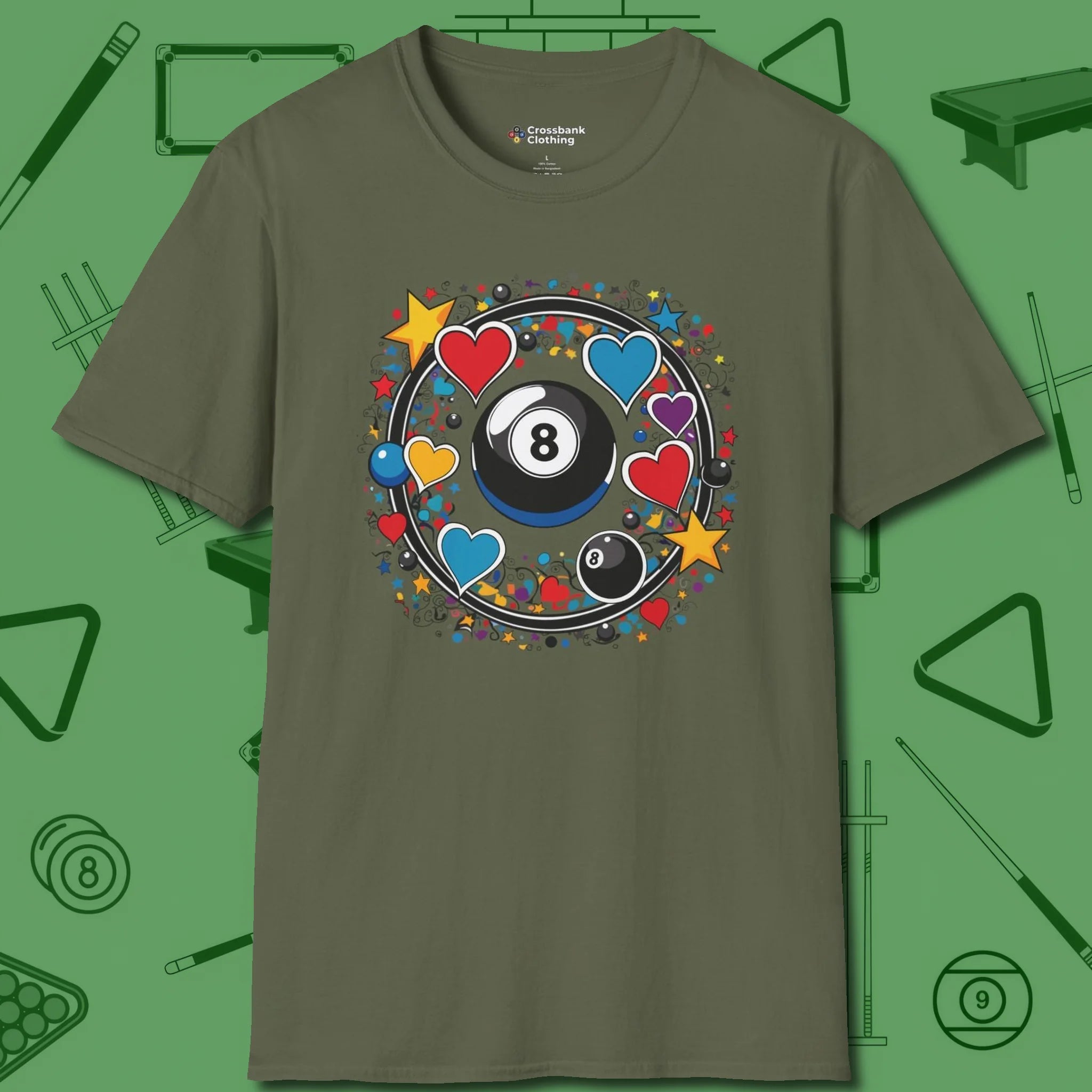 8 Ball Hearts and Stars T-Shirt, front view, in Military Green style that banks as hard as you do