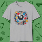 8 Ball Hearts and Stars T-Shirt, front view, in Sport Grey designed for dead stroke and deadpan looks