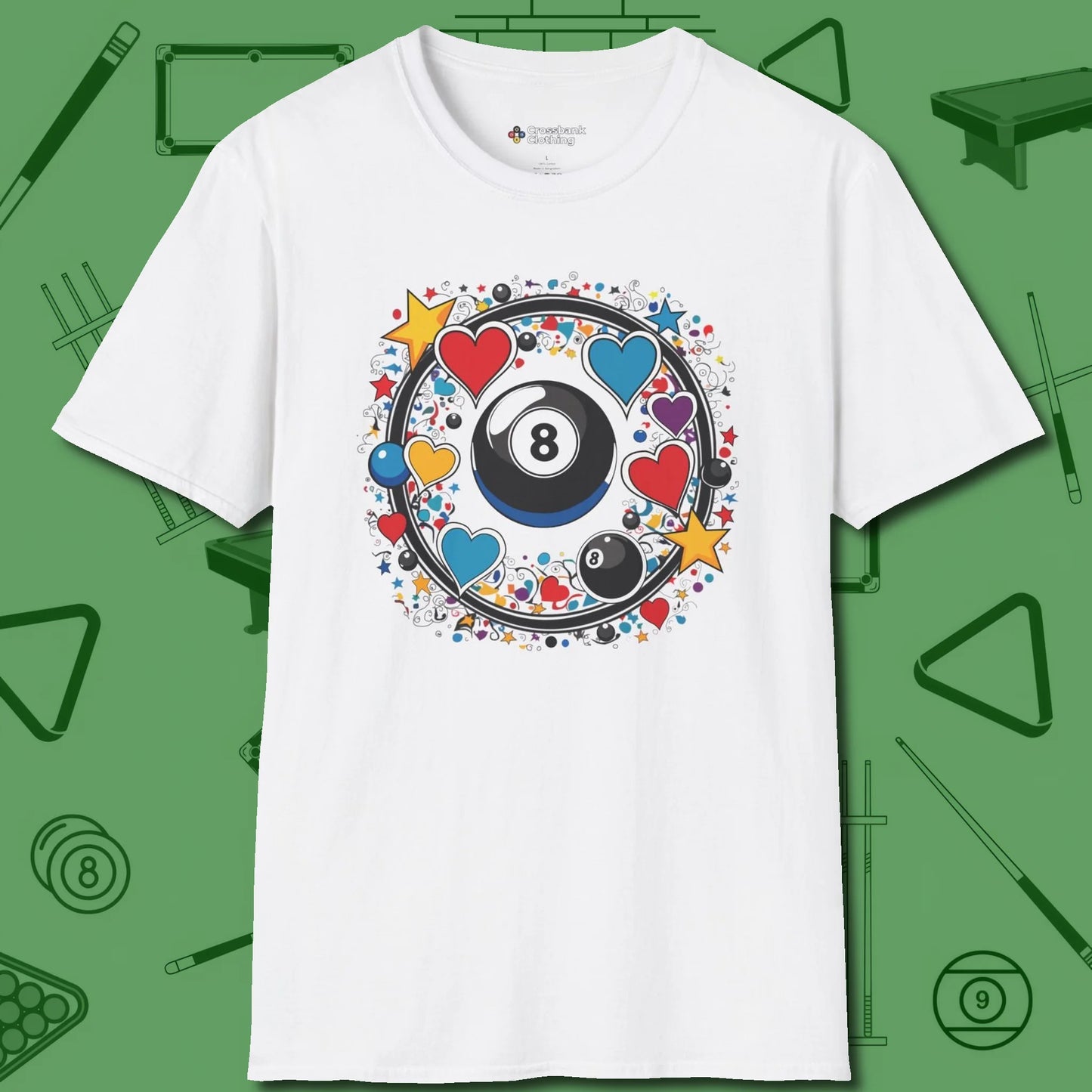 8 Ball Hearts and Stars T-Shirt, front view, in White a clean fit for the dirtiest safeties