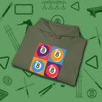 8 Ball Panels Art Hoodie, in Military Green color, billiards hoodie, folded view