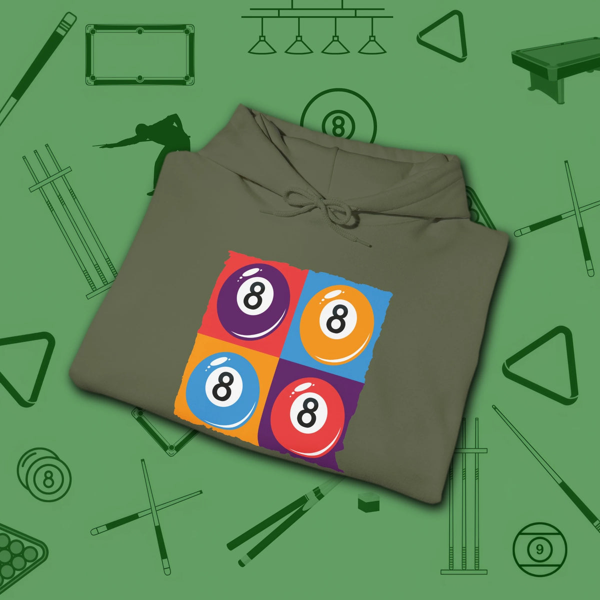8 Ball Panels Art Hoodie, in Military Green color, billiards hoodie, folded view