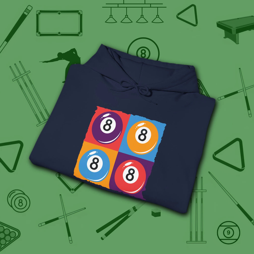 8 Ball Panels Art Hoodie, in Navy color, billiards hoodie, folded view