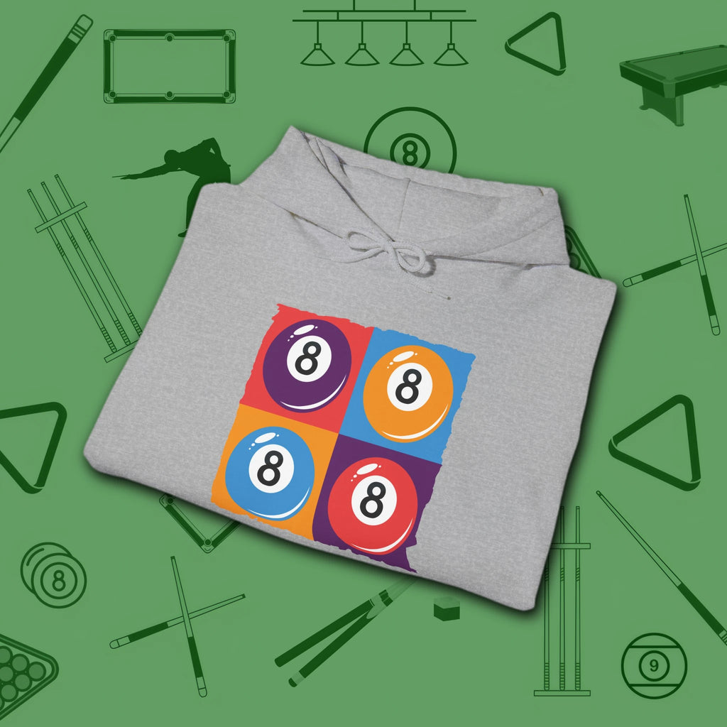 8 Ball Panels Art Hoodie, in Sport Grey color, billiards hoodie, folded view