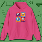 8 Ball Panels Art Hoodie, in Heliconia color, billiards hoodie, front view