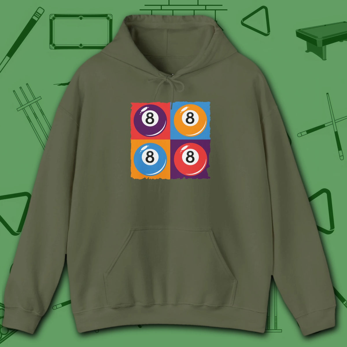8 Ball Panels Art Hoodie, in Military Green color, billiards hoodie, front view