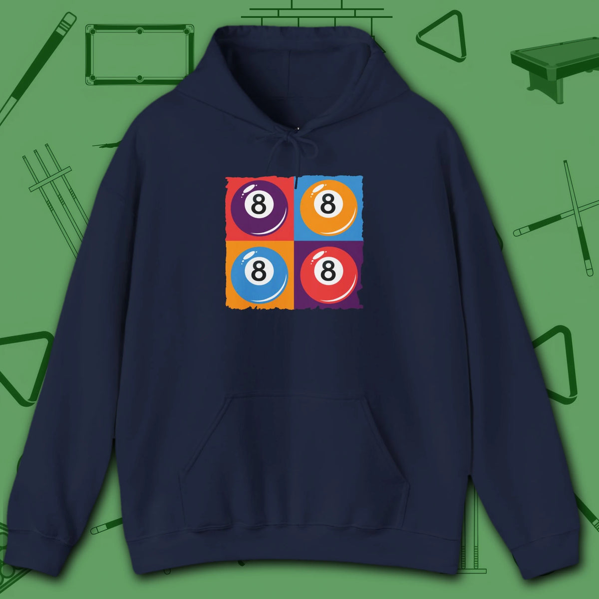 8 Ball Panels Art Hoodie, in Navy color, billiards hoodie, front view