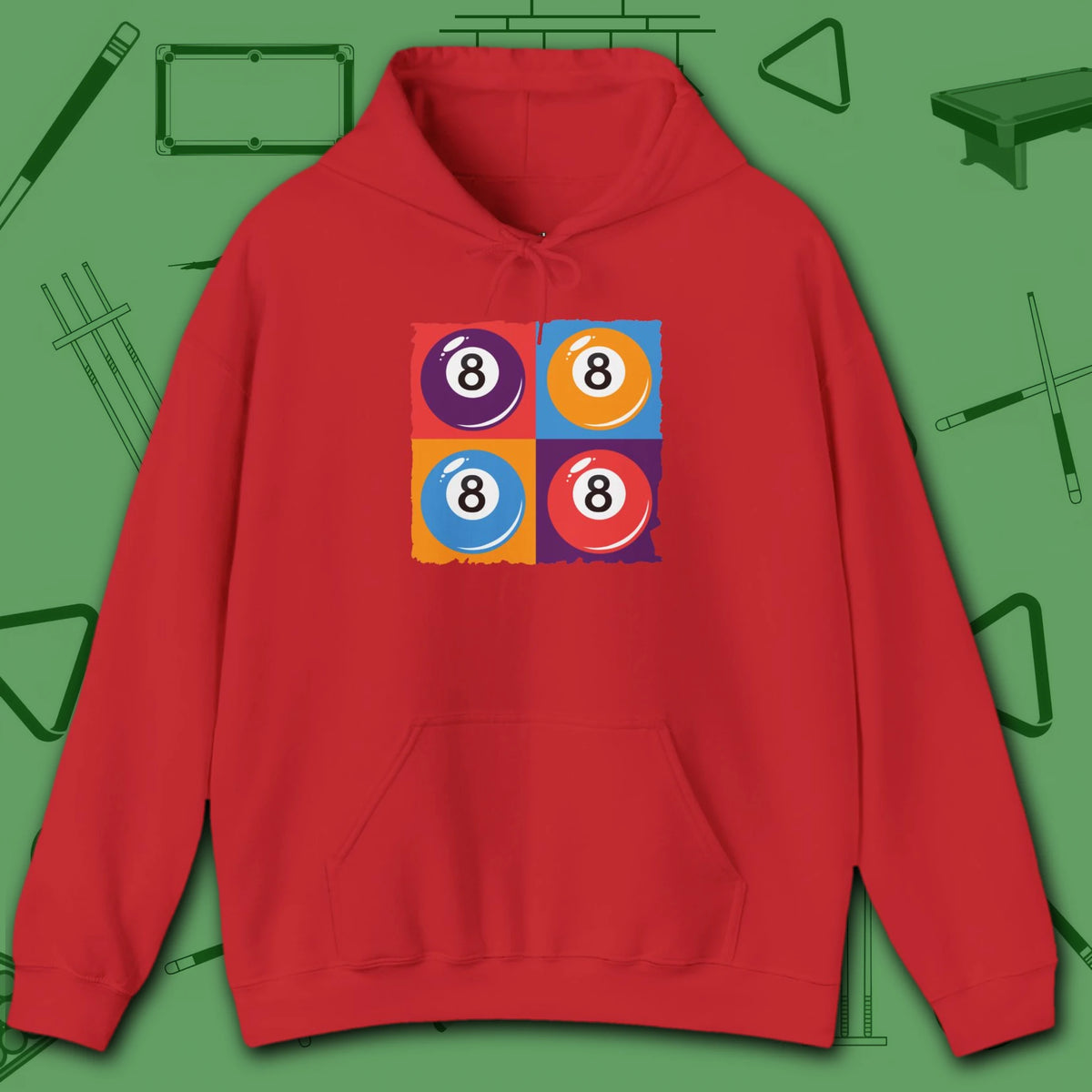 8 Ball Panels Art Hoodie, in Red color, billiards hoodie, front view