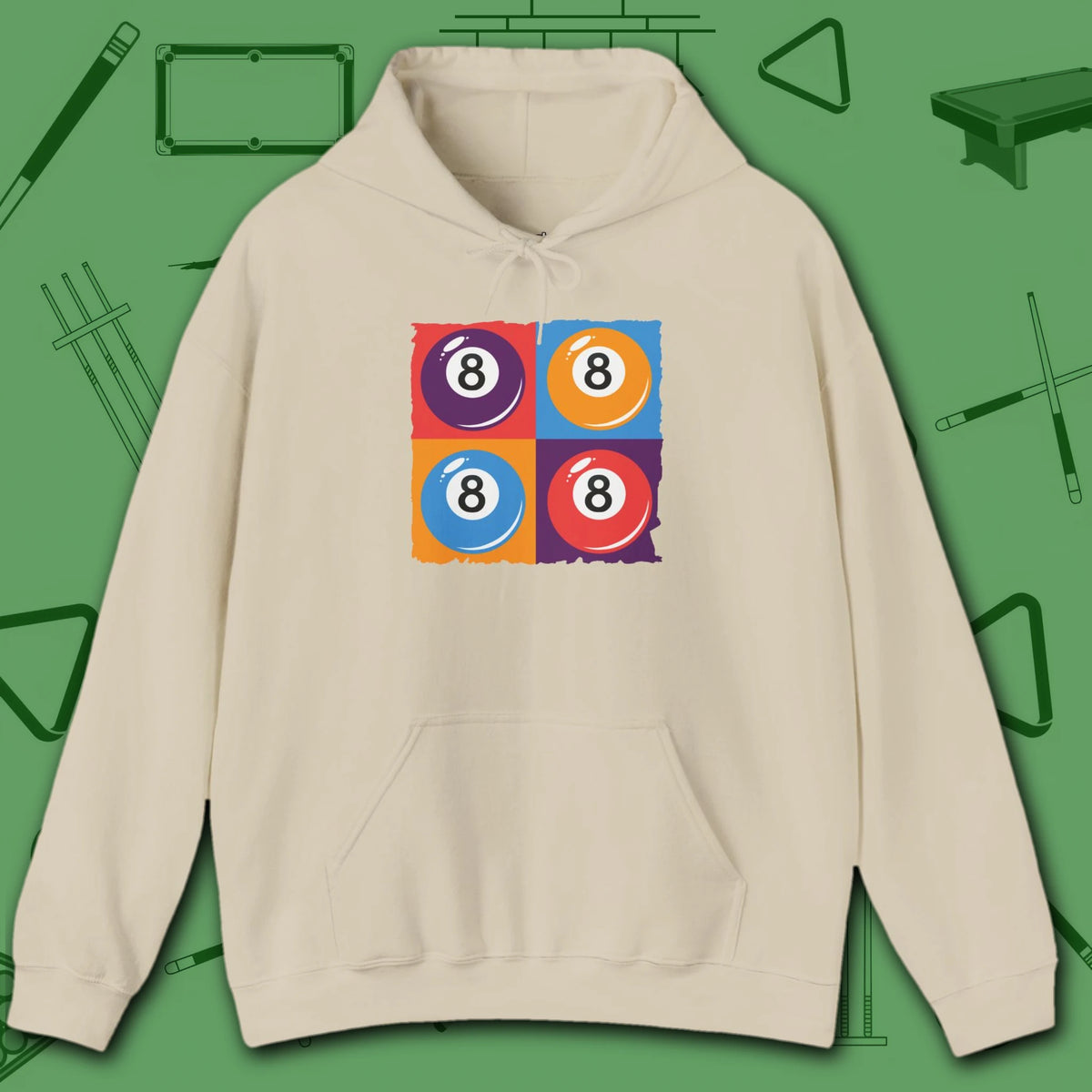 8 Ball Panels Art Hoodie, in Sand color, billiards hoodie, front view