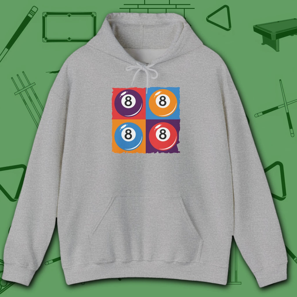 8 Ball Panels Art Hoodie, in Sport Grey color, billiards hoodie, front view