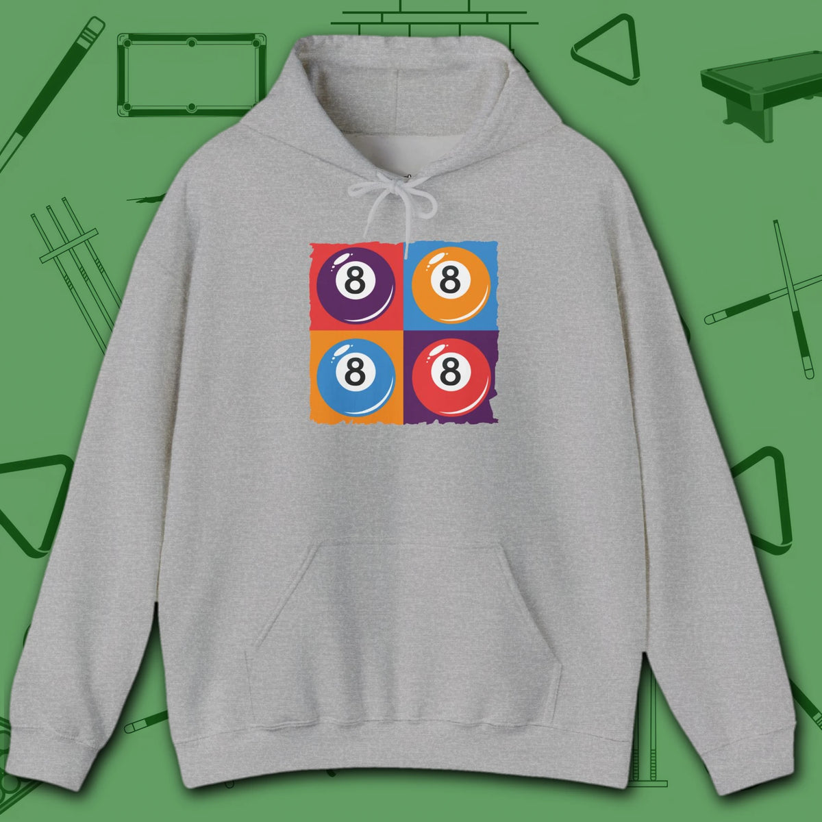 8 Ball Panels Art Hoodie, in Sport Grey color, billiards hoodie, front view