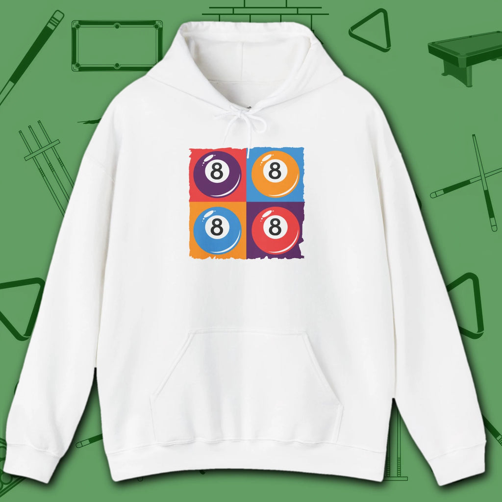 8 Ball Panels Art Hoodie, in White color, billiards hoodie, front view