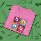 8 Ball Panels Art T-Shirt, in Azalea color, billiards shirt, folded view