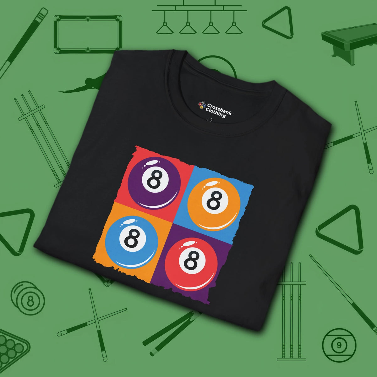 8 Ball Panels Art T-Shirt, in Black color, billiards shirt, folded view