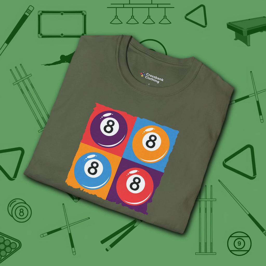 8 Ball Panels Art T-Shirt, in Military Green color, billiards shirt, folded view
