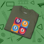 8 Ball Panels Art T-Shirt, in Military Green color, billiards shirt, folded view