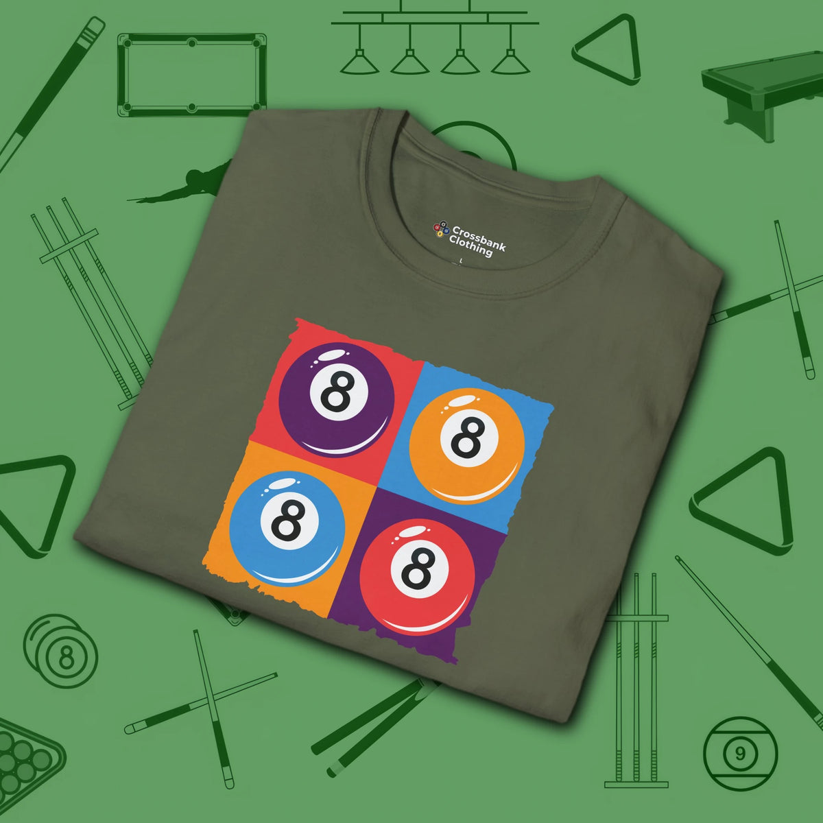 8 Ball Panels Art T-Shirt, in Military Green color, billiards shirt, folded view