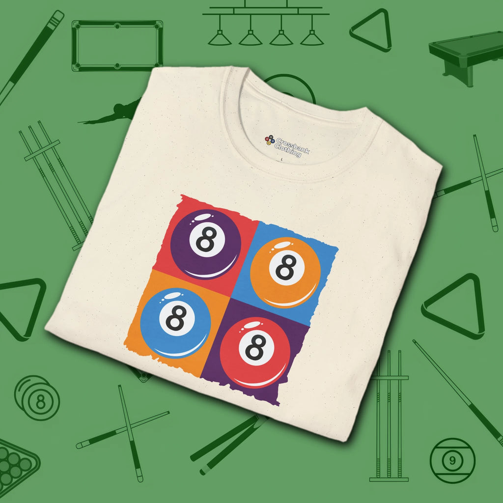 8 Ball Panels Art T-Shirt, in Natural color, billiards shirt, folded view