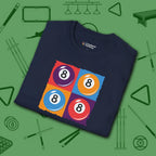 8 Ball Panels Art T-Shirt, in Navy color, billiards shirt, folded view