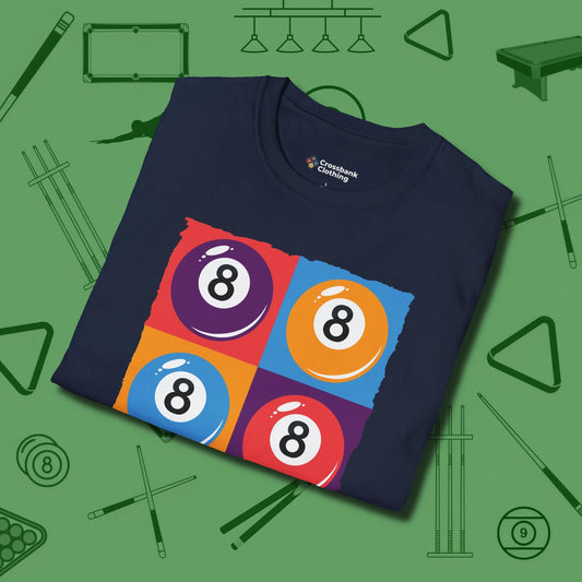8 Ball Panels Art T-Shirt, folded view, in Navy style that banks as hard as you do