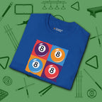 8 Ball Panels Art T-Shirt, in Royal color, billiards shirt, folded view
