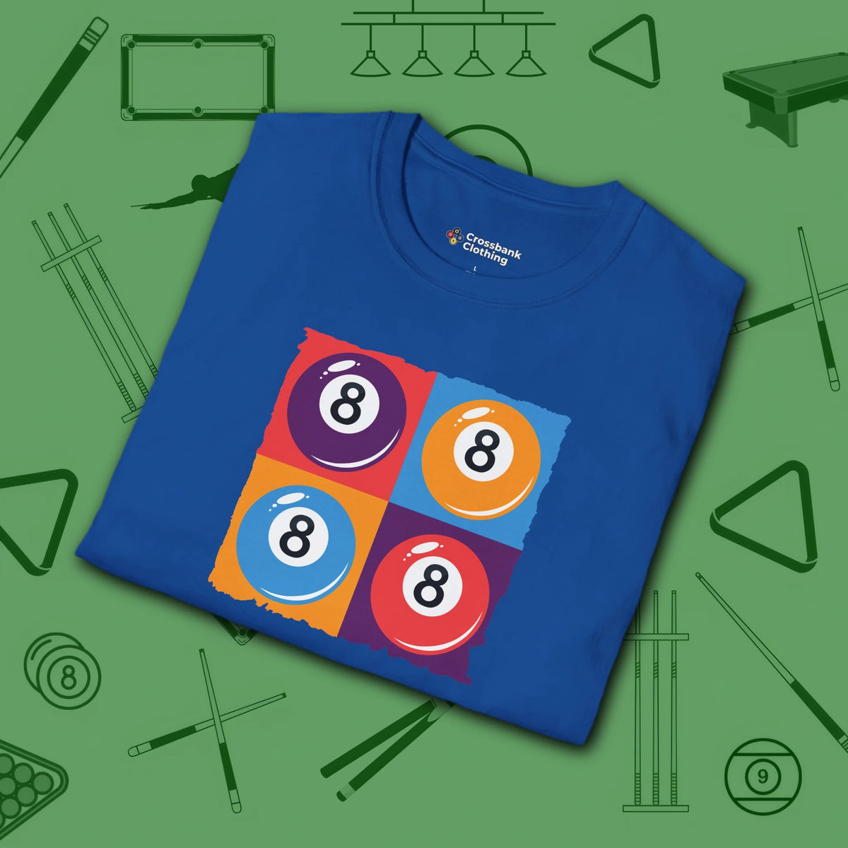 8 Ball Panels Art T-Shirt, in Royal color, billiards shirt, folded view