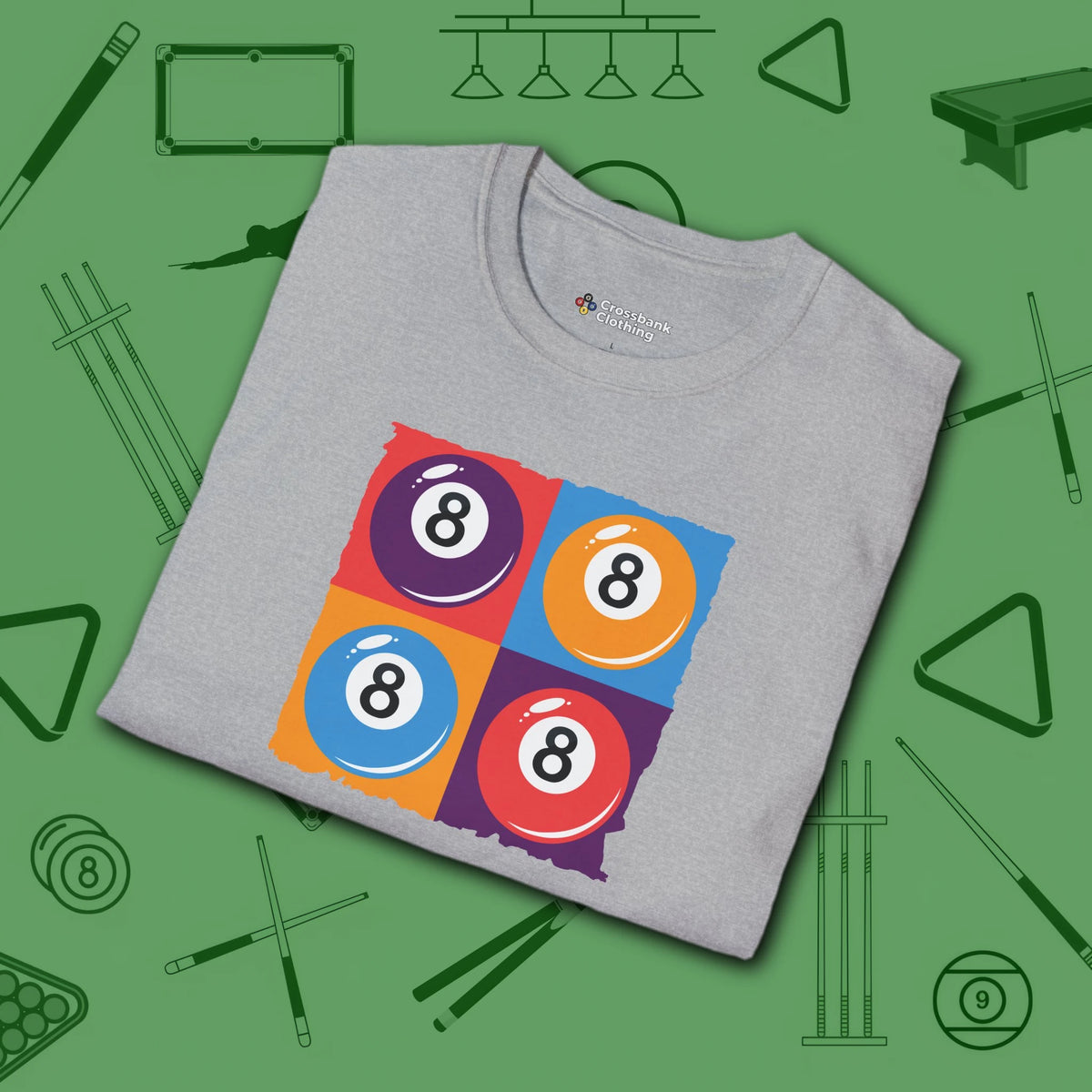 8 Ball Panels Art T-Shirt, in Sport Grey color, billiards shirt, folded view
