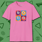 8 Ball Panels Art T-Shirt, in Azalea color, billiards shirt, front view