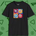 8 Ball Panels Art T-Shirt, in Black color, billiards shirt, front view