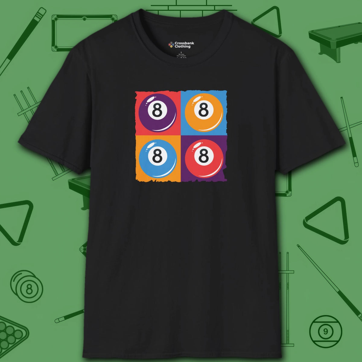 8 Ball Panels Art T-Shirt, in Black color, billiards shirt, front view