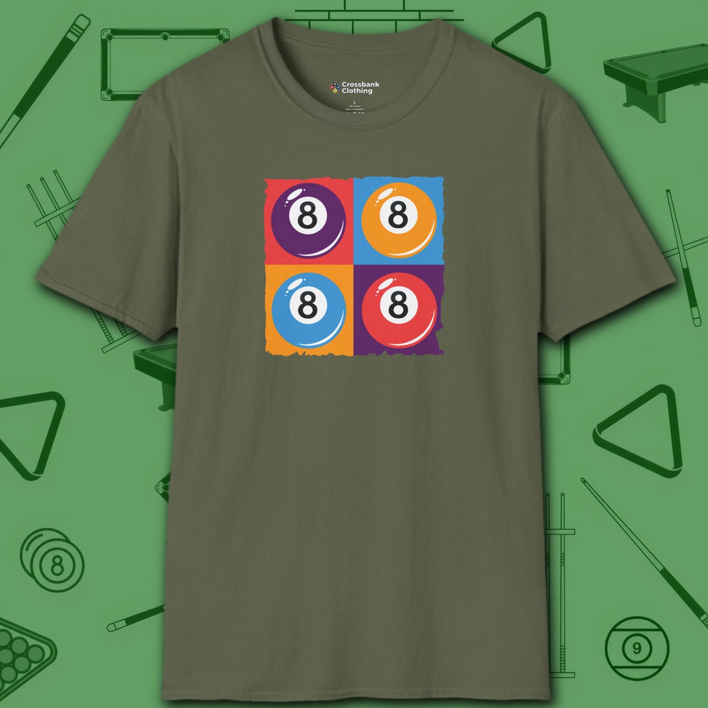 8 Ball Panels Art T-Shirt, in Military Green color, billiards shirt, front view