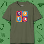 8 Ball Panels Art T-Shirt, in Military Green color, billiards shirt, front view