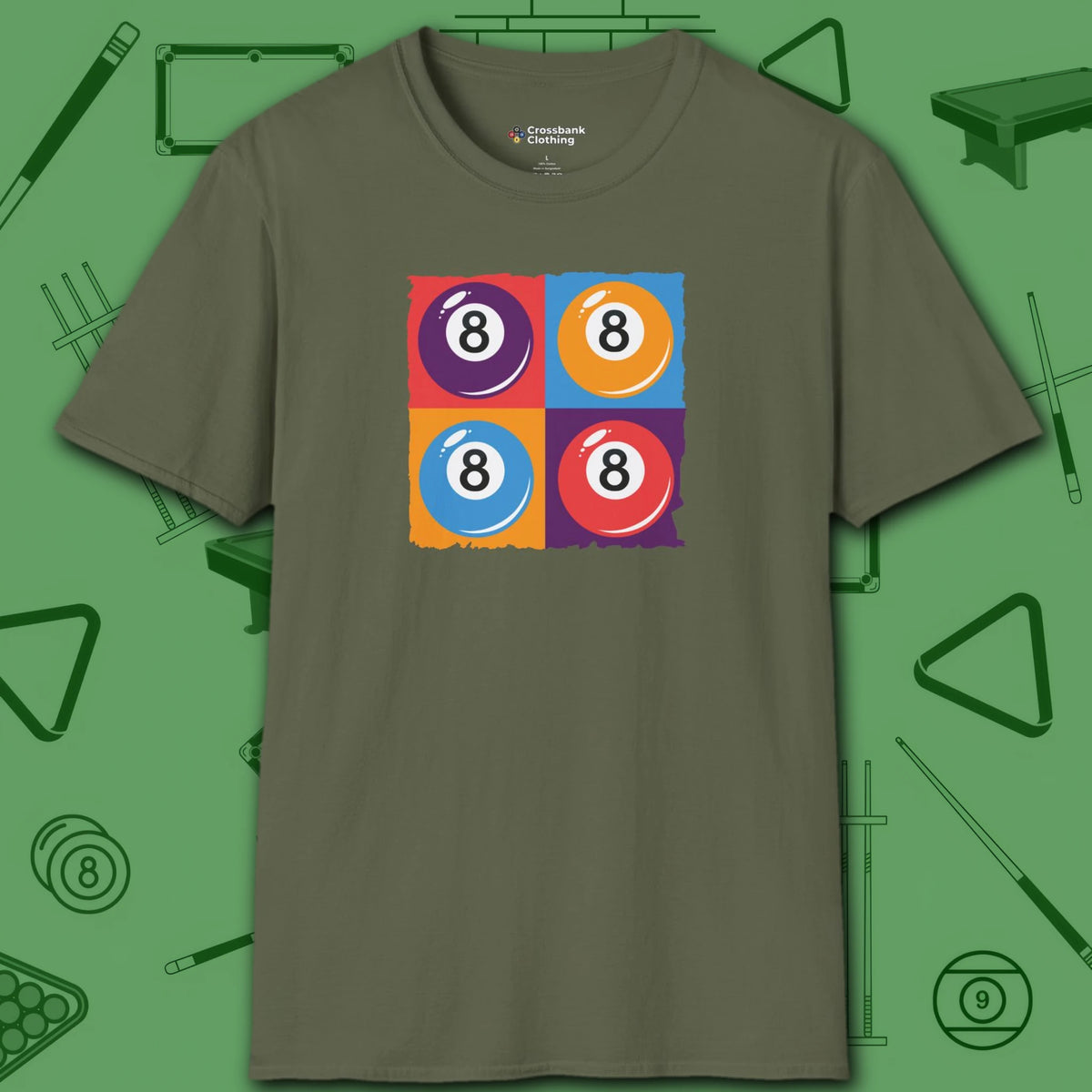 8 Ball Panels Art T-Shirt, in Military Green color, billiards shirt, front view