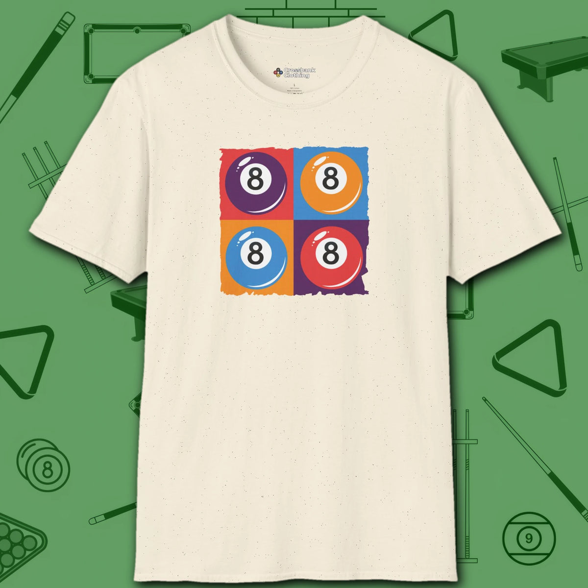 8 Ball Panels Art T-Shirt, in Natural color, billiards shirt, front view