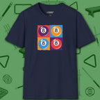 8 Ball Panels Art T-Shirt, in Navy color, billiards shirt, front view