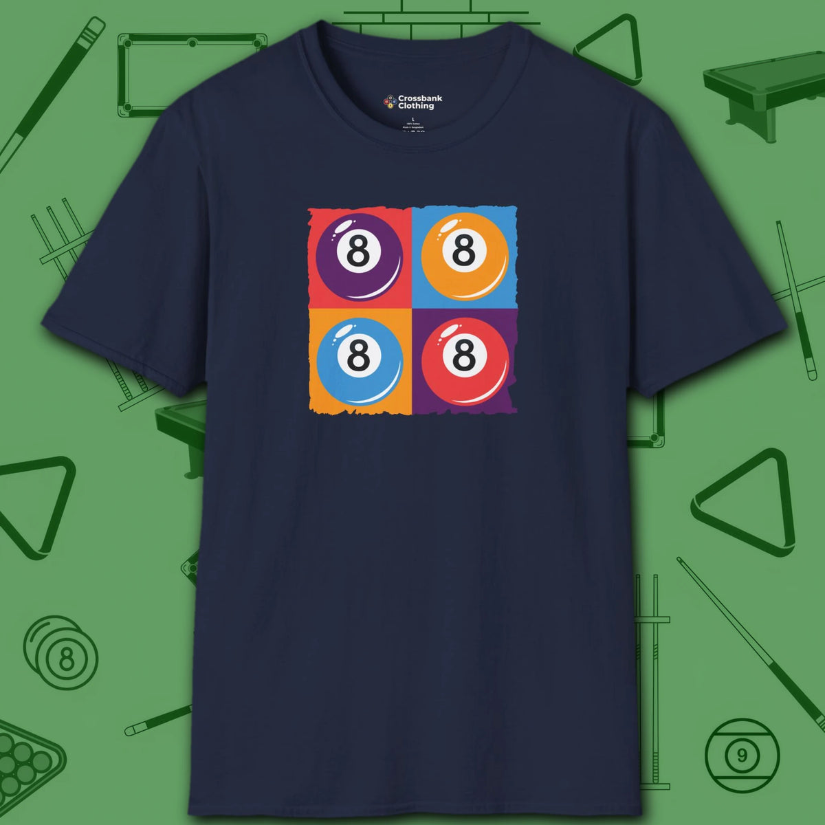 8 Ball Panels Art T-Shirt, in Navy color, billiards shirt, front view