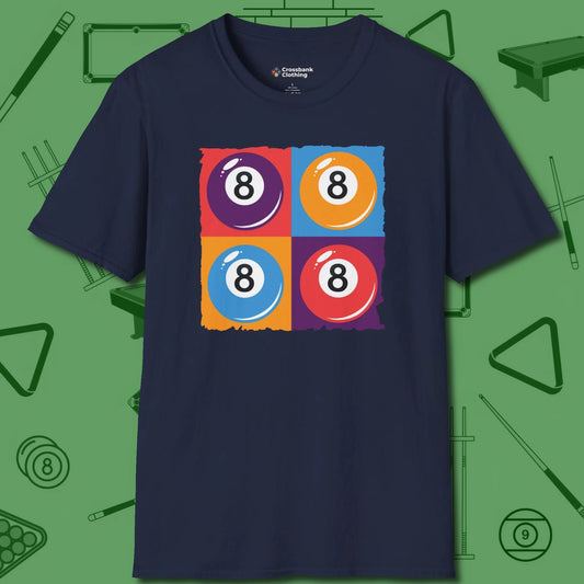 8 Ball Panels Art T-Shirt, front view, in Navy for shooters who dress like they play: sharp