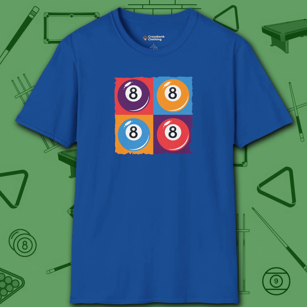 8 Ball Panels Art T-Shirt, in Royal color, billiards shirt, front view