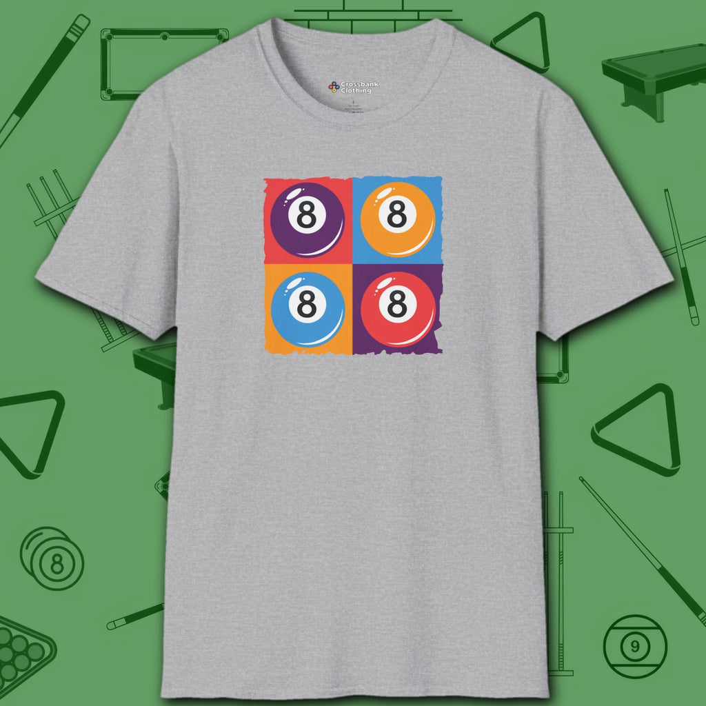 8 Ball Panels Art T-Shirt, in Sport Grey color, billiards shirt, front view
