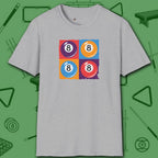 8 Ball Panels Art T-Shirt, in Sport Grey color, billiards shirt, front view
