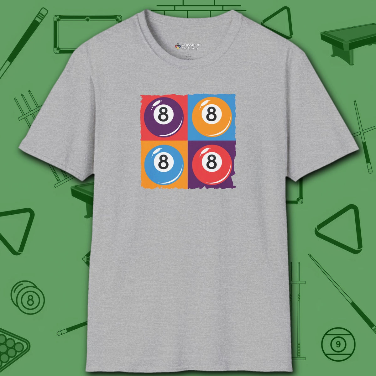 8 Ball Panels Art T-Shirt, in Sport Grey color, billiards shirt, front view