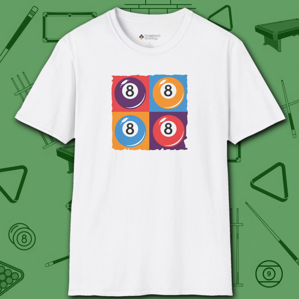 8 Ball Panels Art T-Shirt, in White color, billiards shirt, front view
