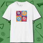 8 Ball Panels Art T-Shirt, in White color, billiards shirt, front view