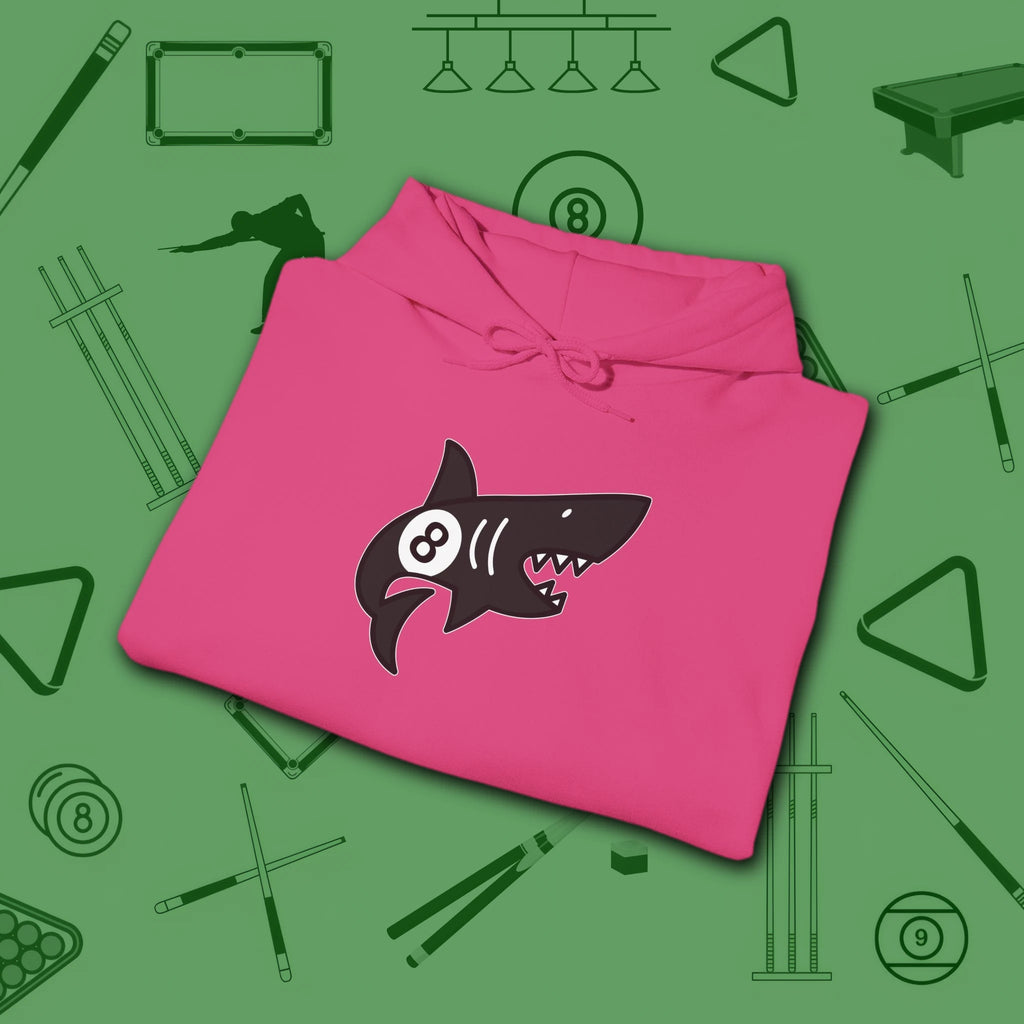 Pool Shark Hoodie, in Heliconia color, billiards shirt, folded view