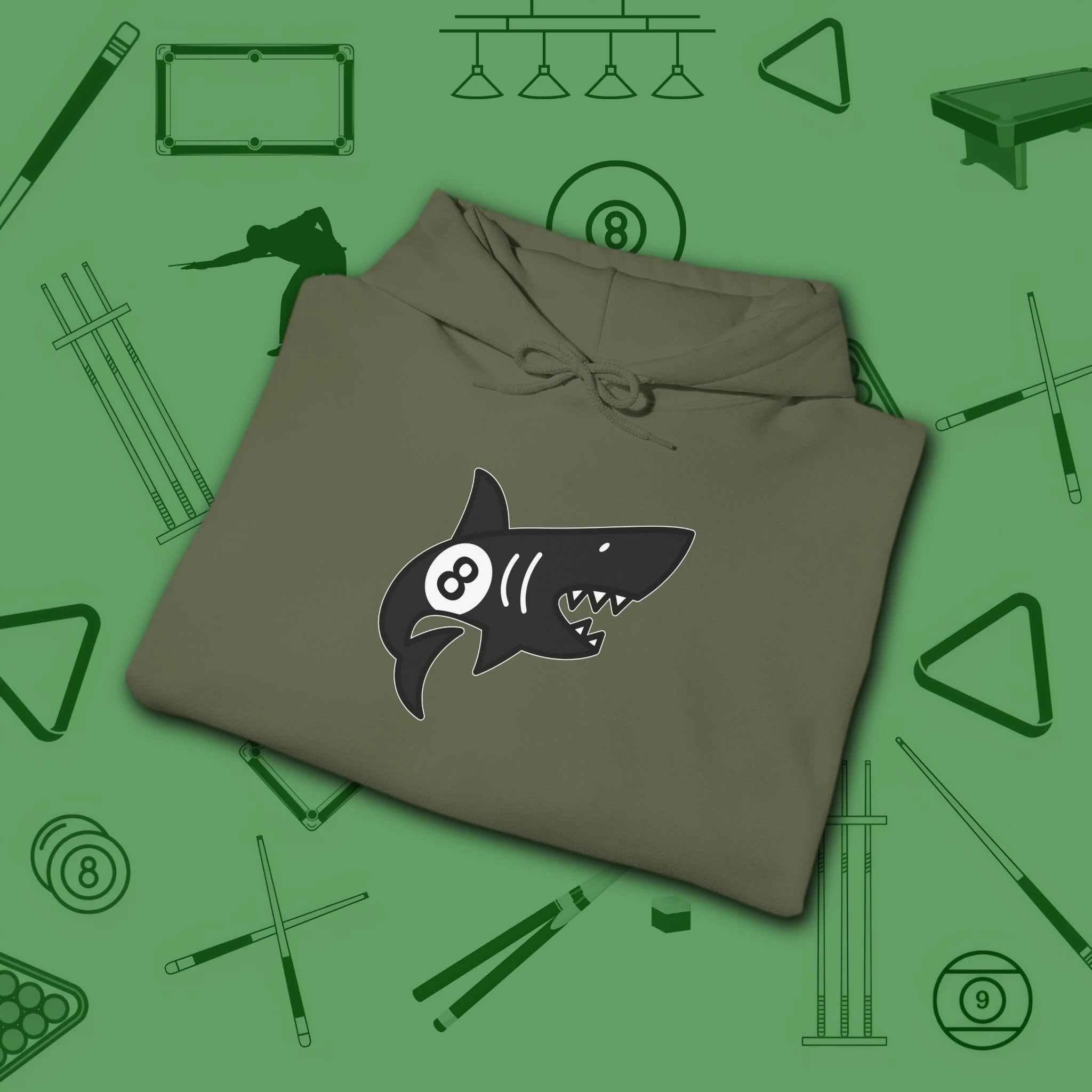 Pool Shark Hoodie, in Military Green color, billiards shirt, folded view
