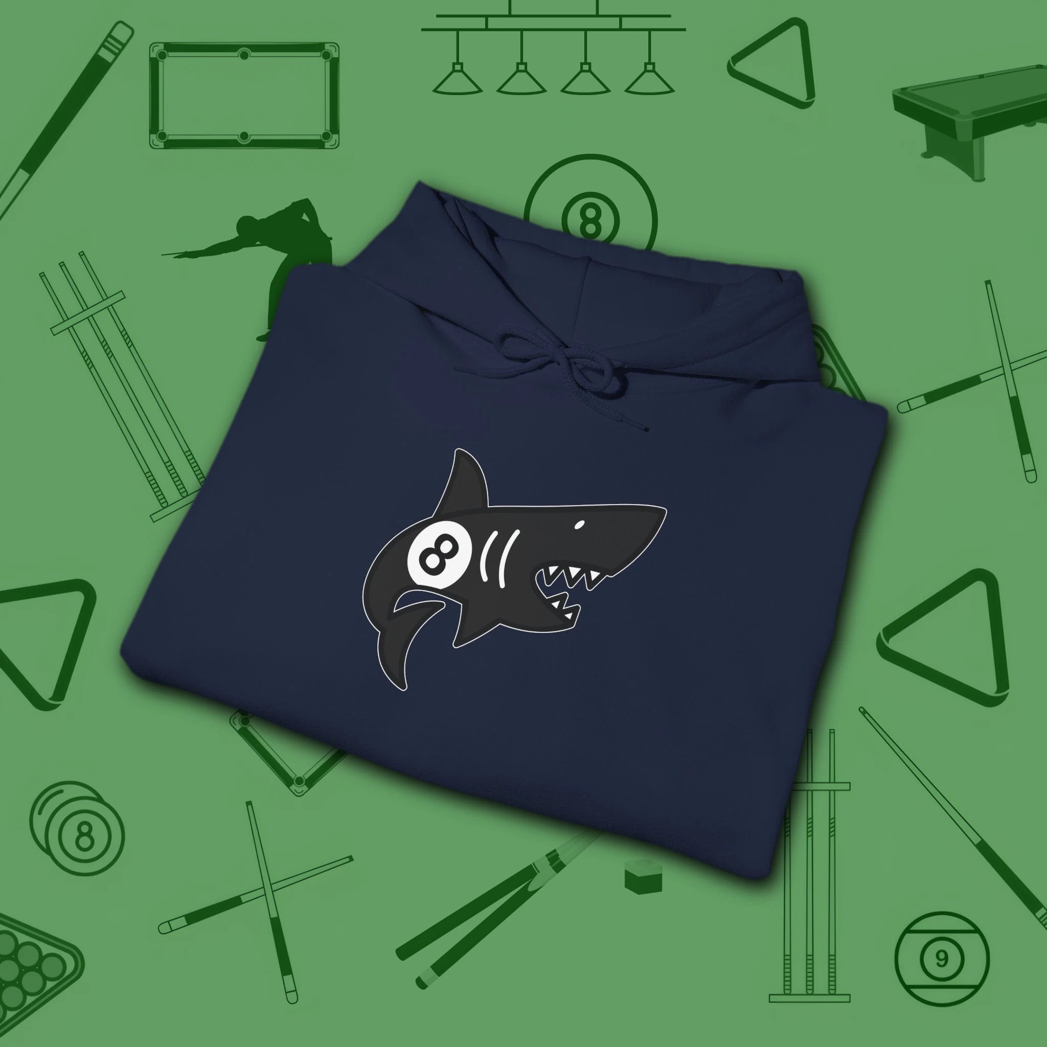 Pool Shark Hoodie, in Navy color, billiards shirt, folded view