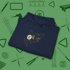 Pool Shark Hoodie, in Navy color, billiards shirt, folded view