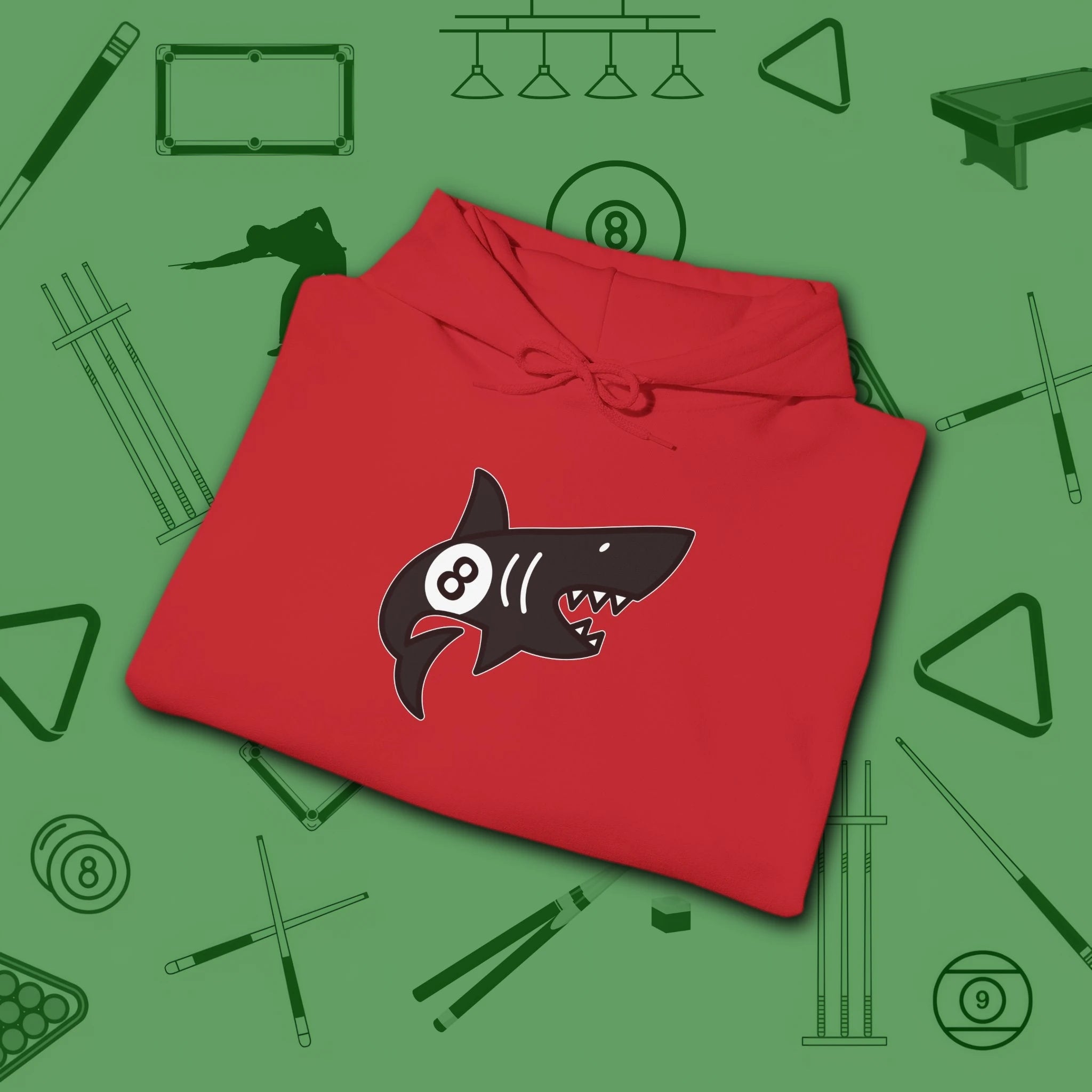 Pool Shark Hoodie, in Red color, billiards shirt, folded view