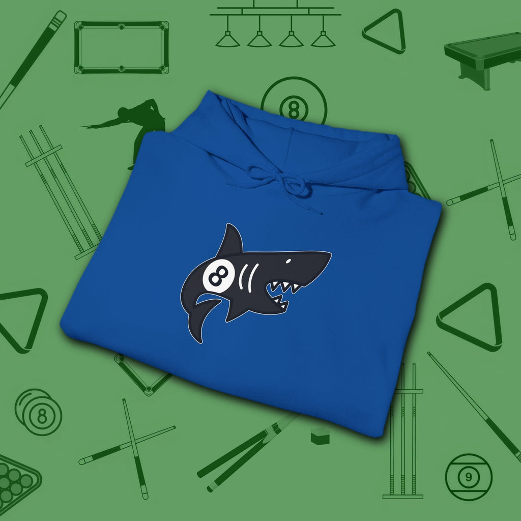 Pool Shark Hoodie, in Royal color, billiards shirt, folded view