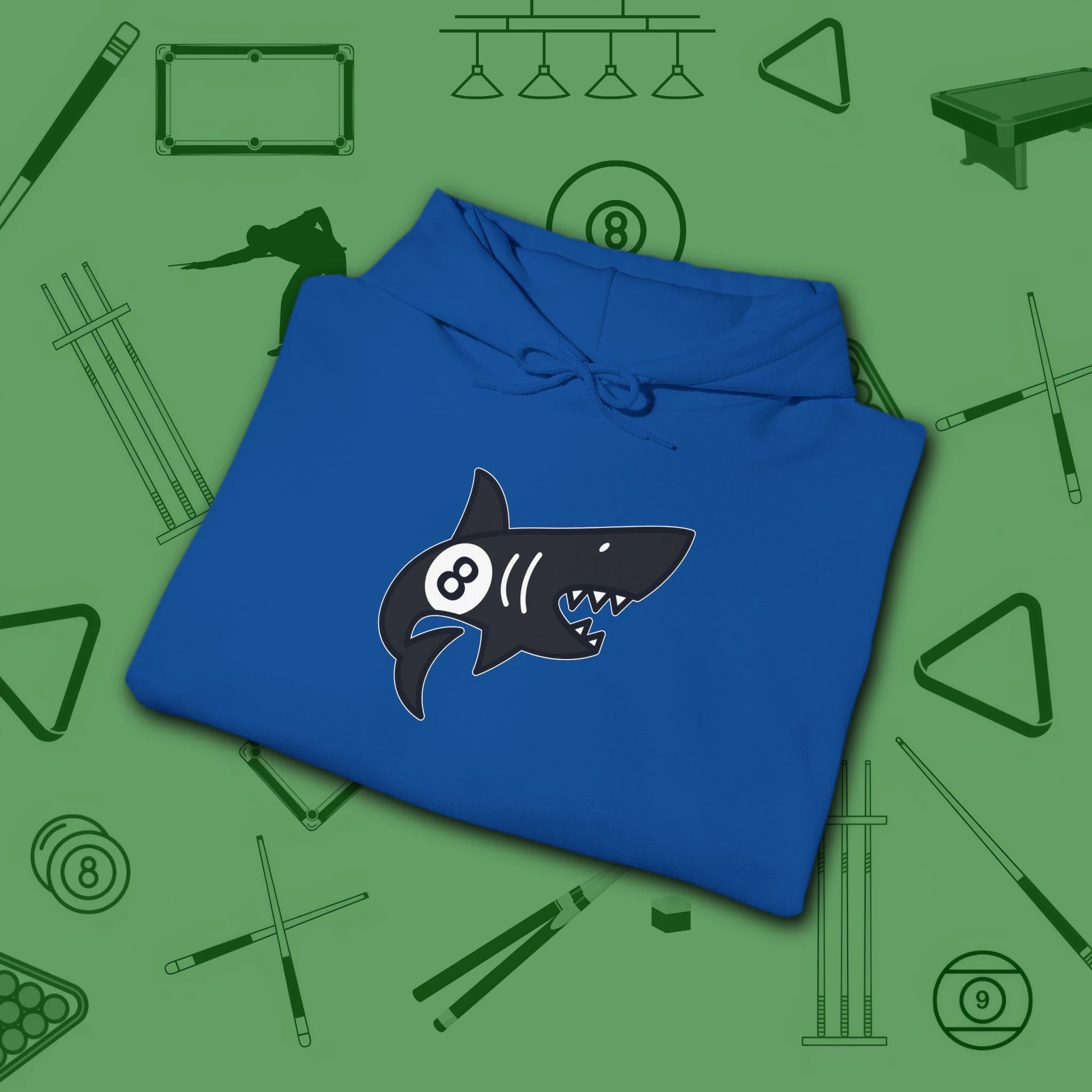 Pool Shark Hoodie, in Royal color, billiards shirt, folded view