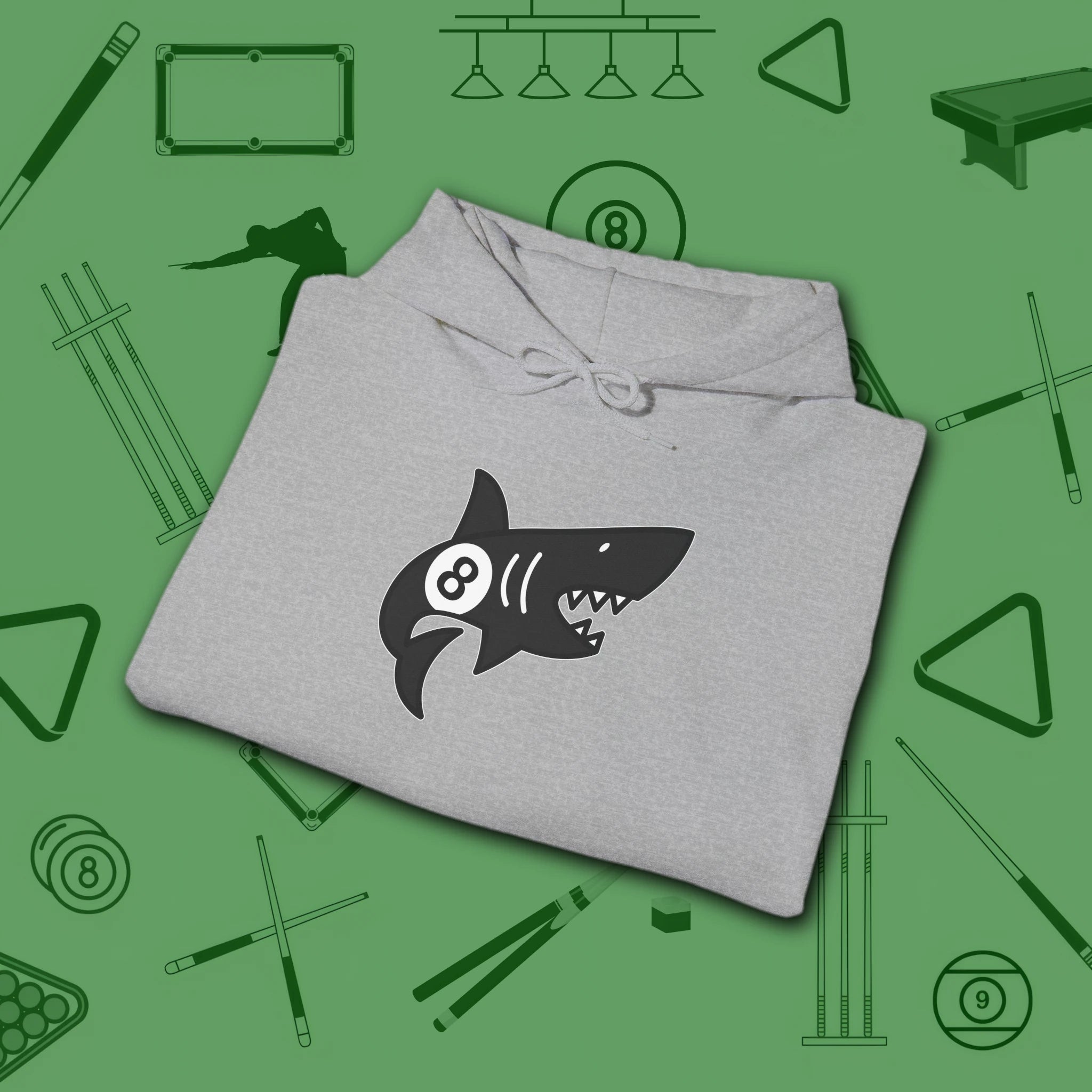 Pool Shark Hoodie, in Sport Grey color, billiards shirt, folded view